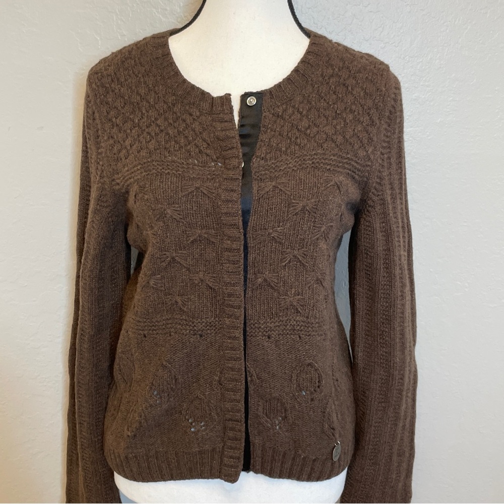 See by Chloé Wool Knit Cardigan  Brown Eyelet Bow Italy 42 Sz 8